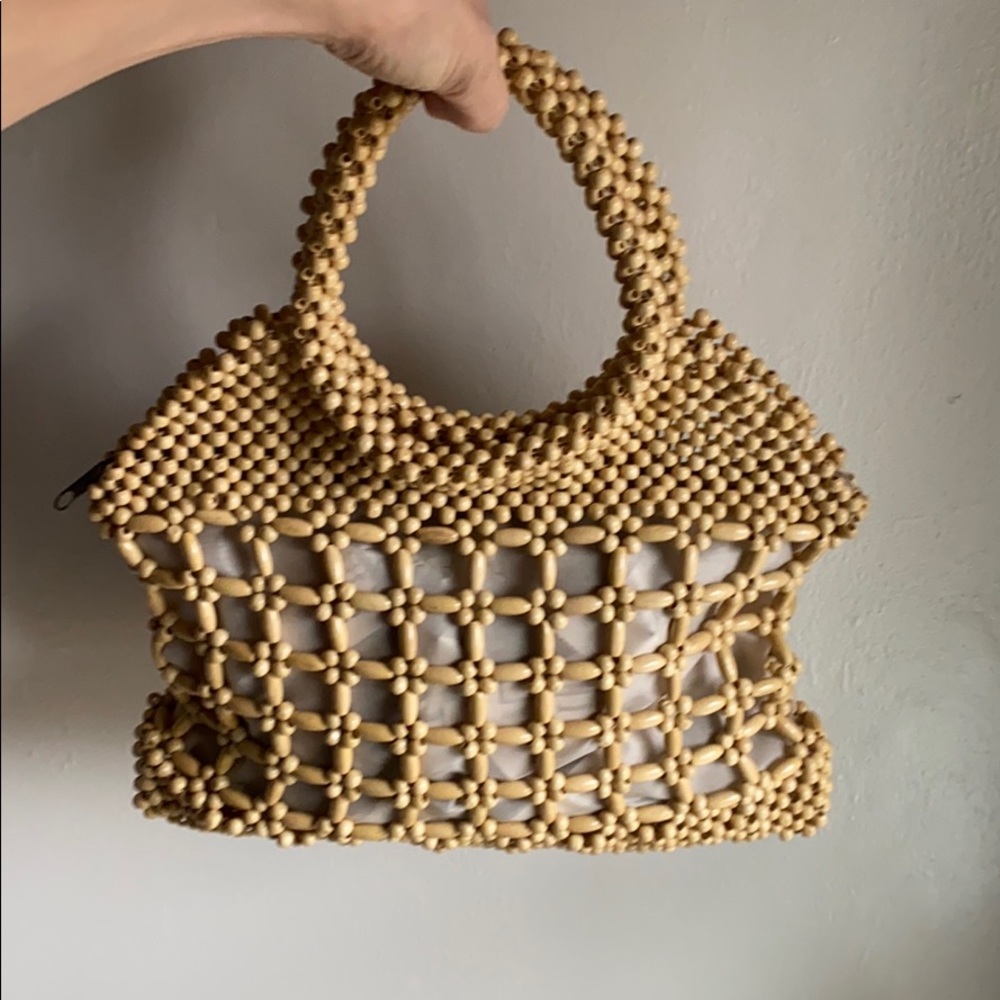 Vintage Wood Beaded Zip Top Tote Bag